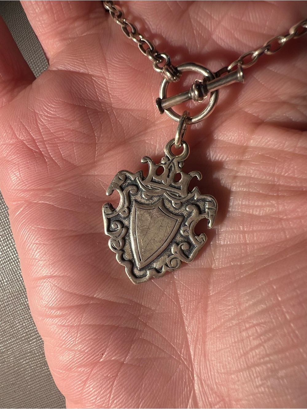 Antique Sterling Silver Shield Crest/Medal Pendant Necklace -1800’s